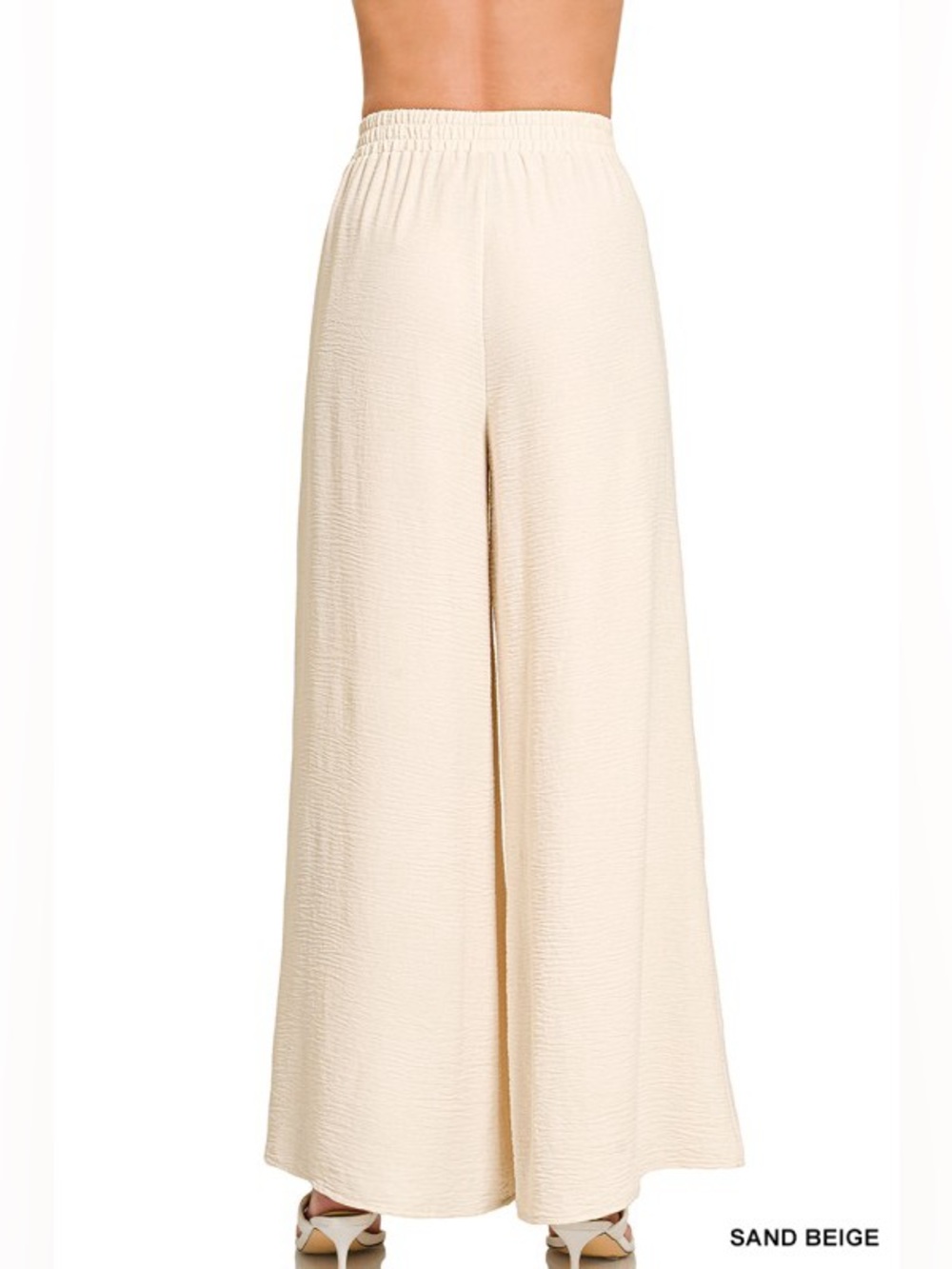 Zenana Sand Beige Woven Airflow Elastic Waistband Pants - Picture 2 of 3